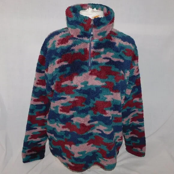Eddie Bauer Womens L High pile Teddy Fleece Multicolor Camo 1/4 Zip Pullover - Picture 1 of 9